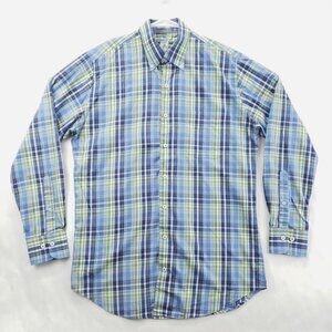 Peter Millar Shirt Mens Medium Blue Green Plaid 100% Cotton Classic Button-Down